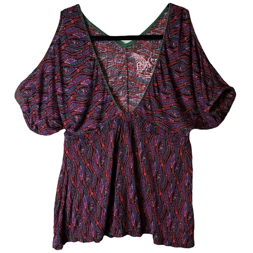 Free People Vintage Y2K Butterfly Logo Deep Vee Open Shoulder Top Blouse XS
